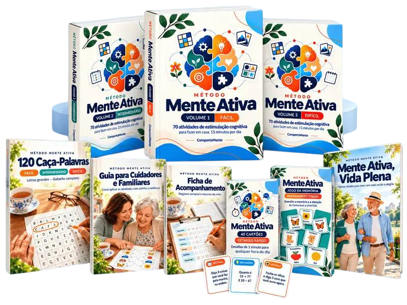 Kit completo do Método Mente Ativa com livros, cartões e bônus